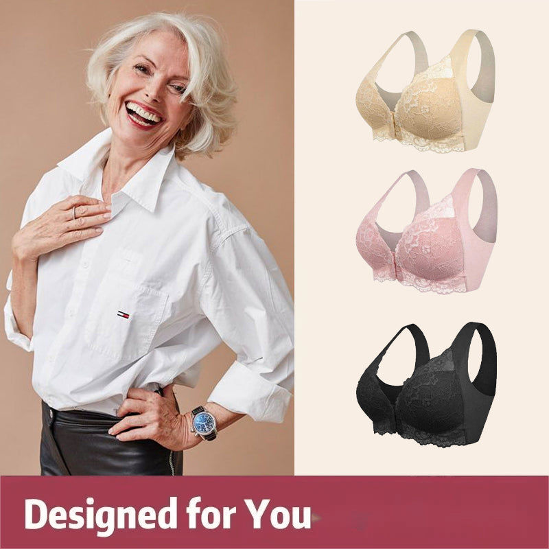 3Pack Middle-Aged Elder Woman Wirefree Bra Front Button Closeure