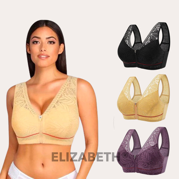 ELIZABETH® Comfort Lace Wireless Front Zip Bra-Black+Beige+Purple (Buy 1 Get 2 Free) (3 PACK)