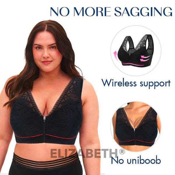 ELIZABETH® Comfort Lace Wireless Front Zip Bra-Black (Buy 1 Get 2 Free) (3 PACK)