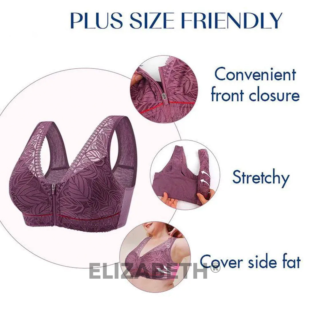 ELIZABETH® Comfort Lace Wireless Front Zip Bra-Black+Beige+Purple (Buy 1 Get 2 Free) (3 PACK)