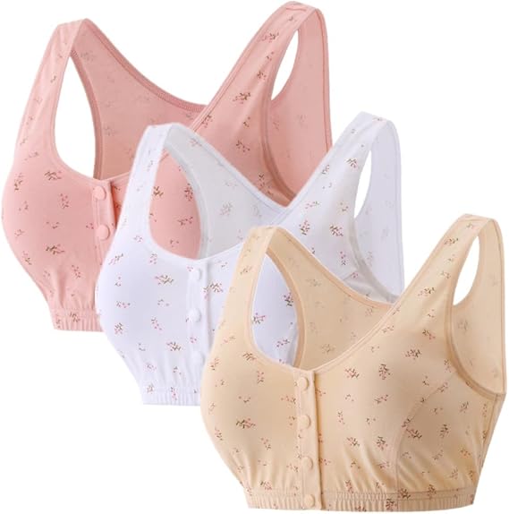 3Pack Wirefree Front Button Closeure Soft Cotton Bra