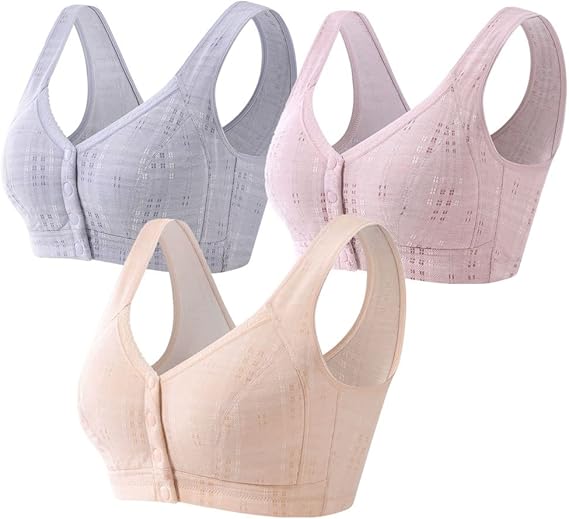 3Pack Woman Floral Wirefree Front Button Close Soft Cotton Bra