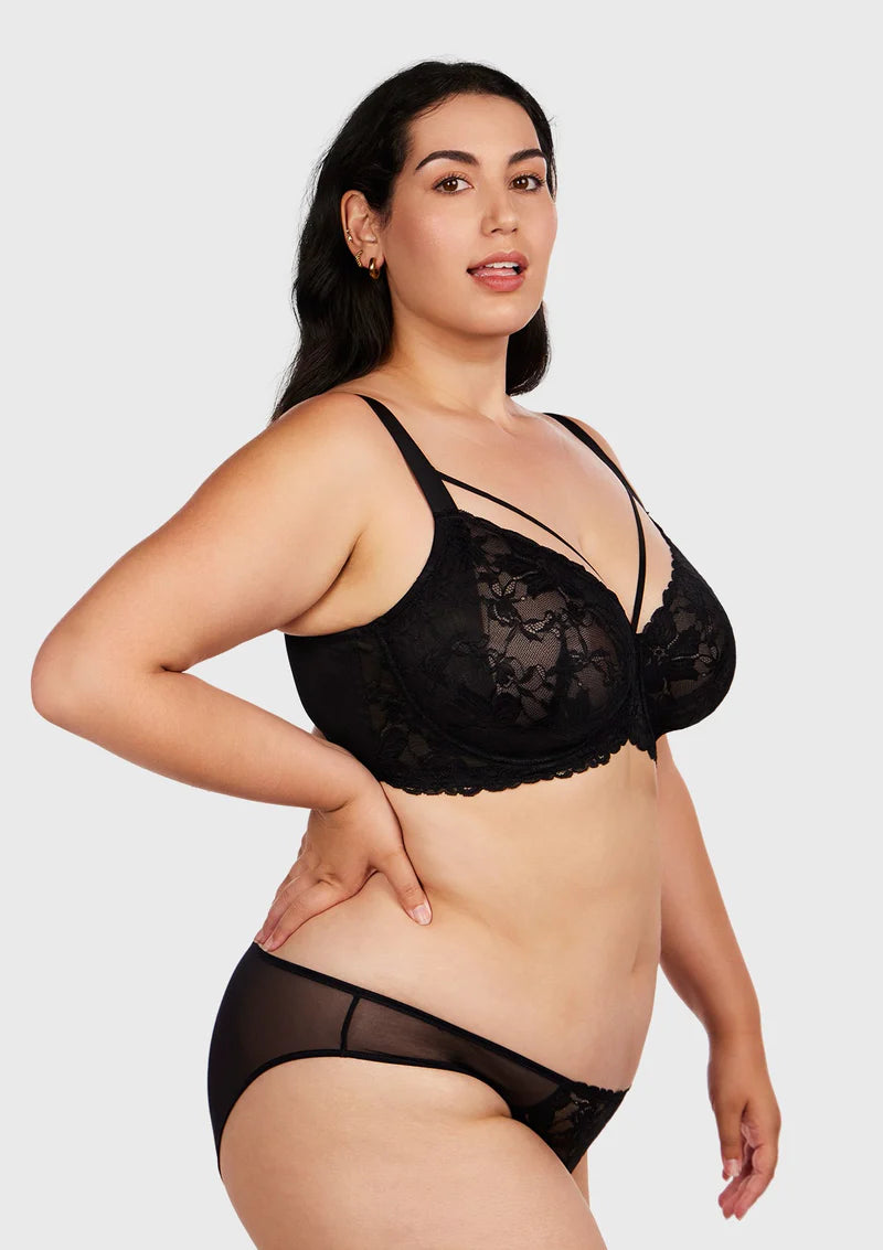 Pretty In Petals Black Unlined Strappy Lace Bra