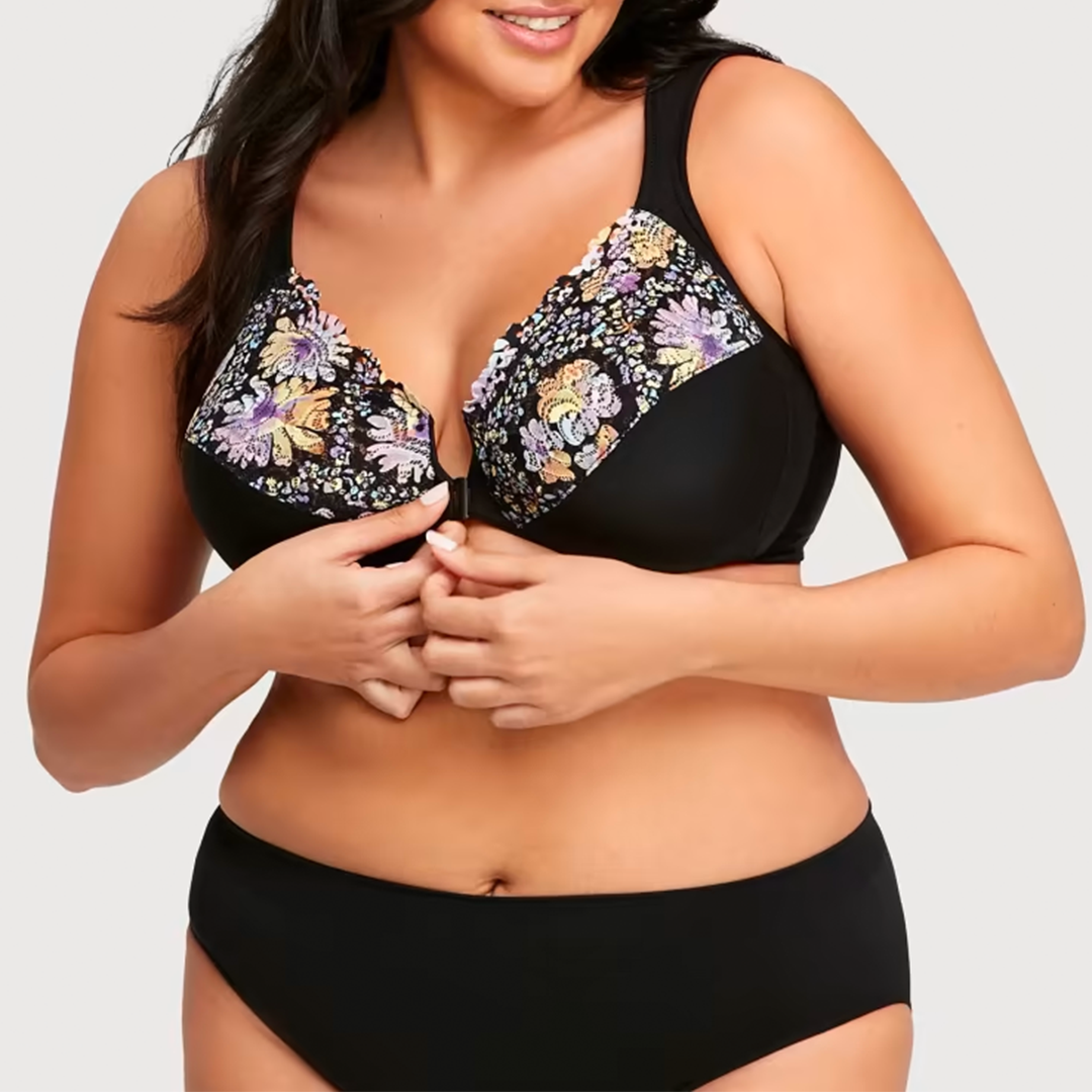 ELIZABETH®FRONT CLOSURE PLUS SIZE FULL COVERAGE LACE BRA(BUY 1 GET 2 FREE)(3FLORAL PRINT)