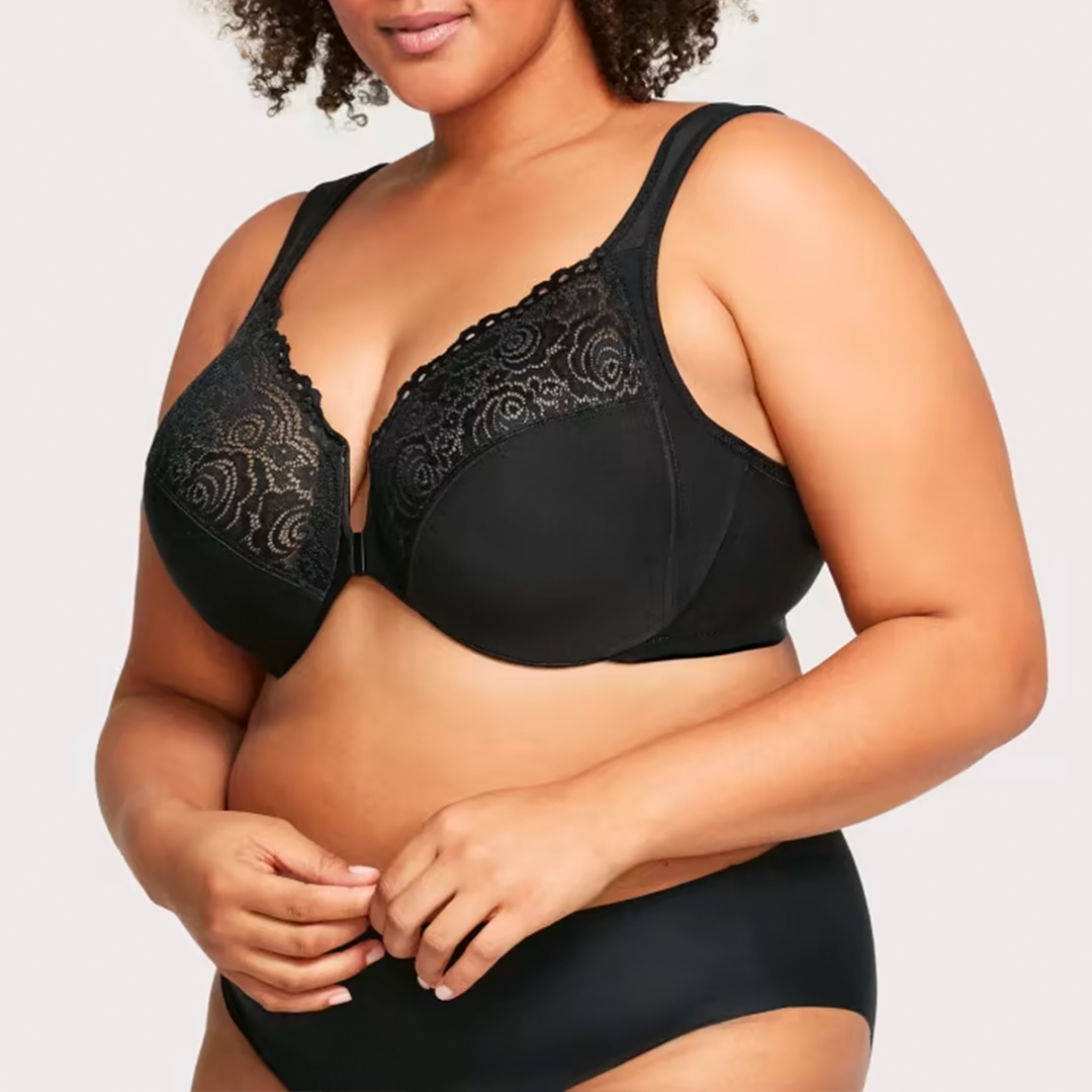 ELIZABETH®FRONT CLOSURE PLUS SIZE FULL COVERAGE LACE BRA(BUY 1 GET 2 FREE)(3BLACK)