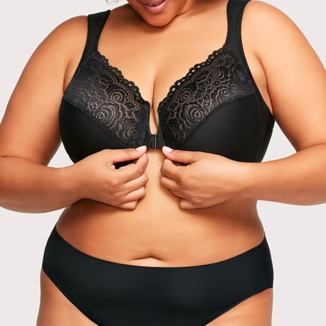 ELIZABETH®FRONT CLOSURE PLUS SIZE FULL COVERAGE LACE BRA(BUY 1 GET 2 FREE)(3BLACK)