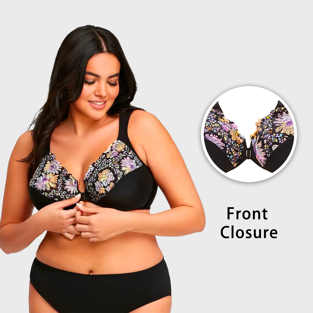 ELIZABETH®FRONT CLOSURE PLUS SIZE FULL COVERAGE LACE BRA(BUY 1 GET 2 FREE)(3FLORAL PRINT)