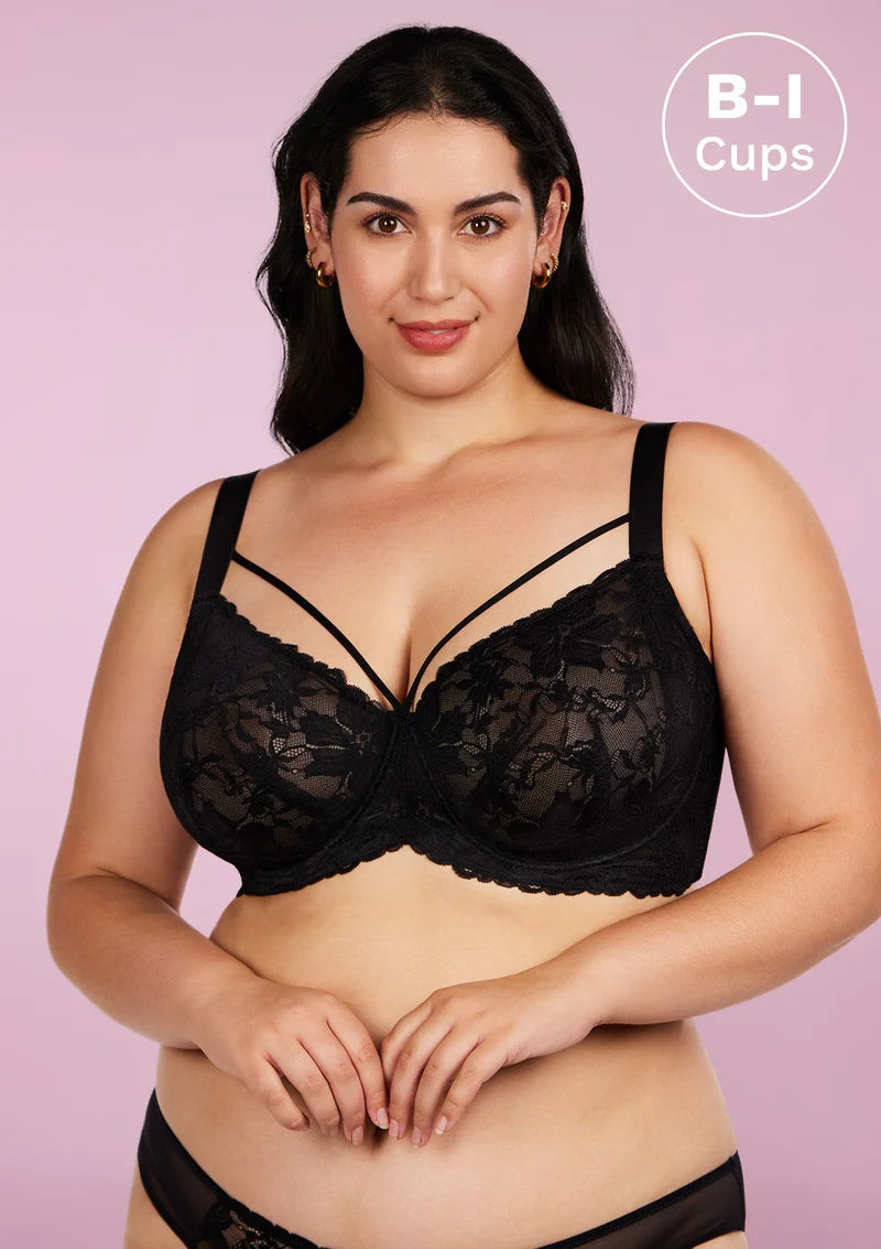 Pretty In Petals Black Unlined Strappy Lace Bra