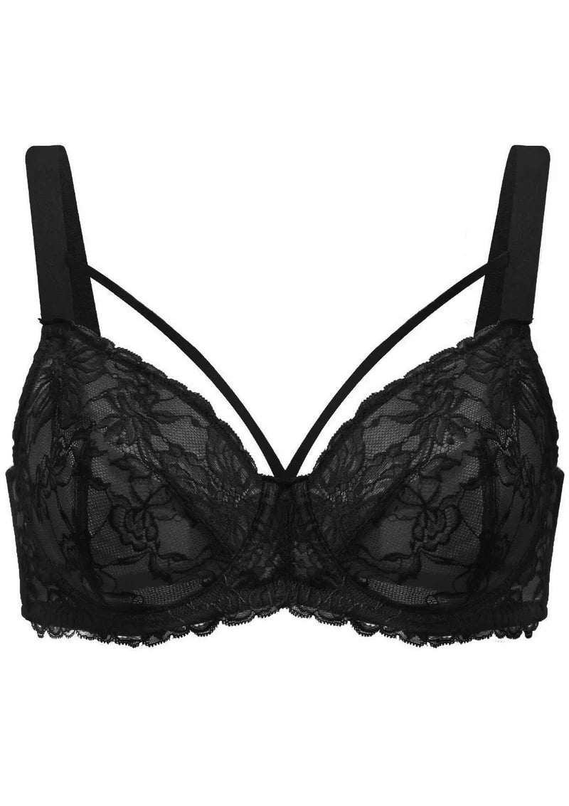 Pretty In Petals Black Unlined Strappy Lace Bra