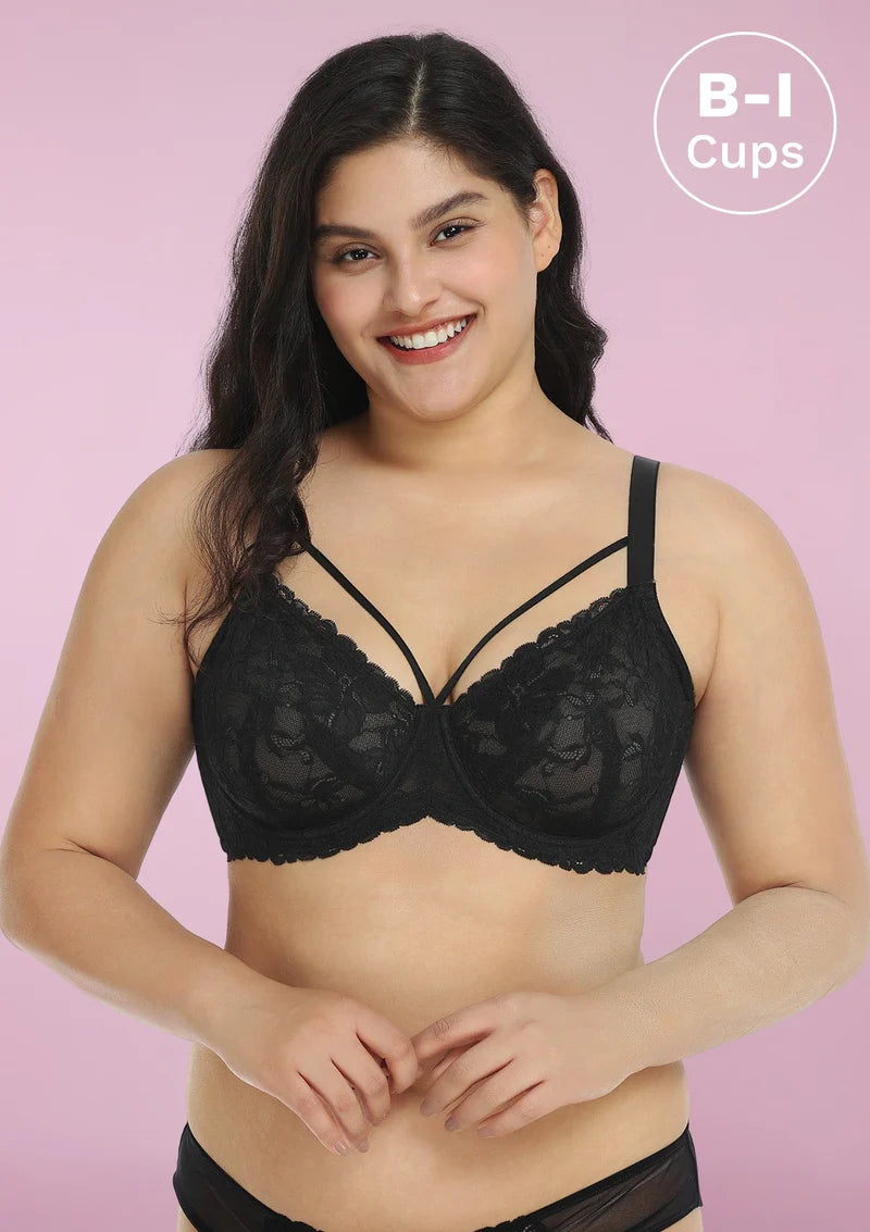 Pretty In Petals Black Unlined Strappy Lace Bra