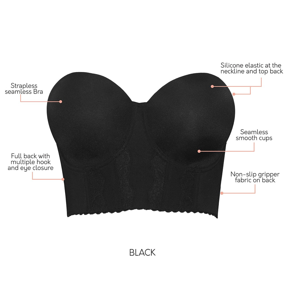 ELIZABETH®Full Back Coverage Longline Strapless Corset Bra-Black –  Elizabeth Bra
